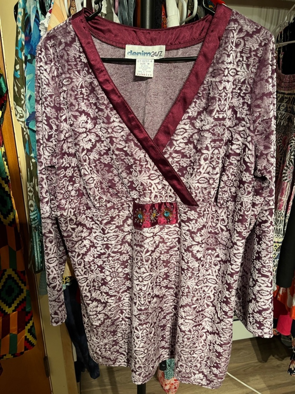 Denim 24/7 Plum and Light Pink Velvet Burnout V-Neck Tunic